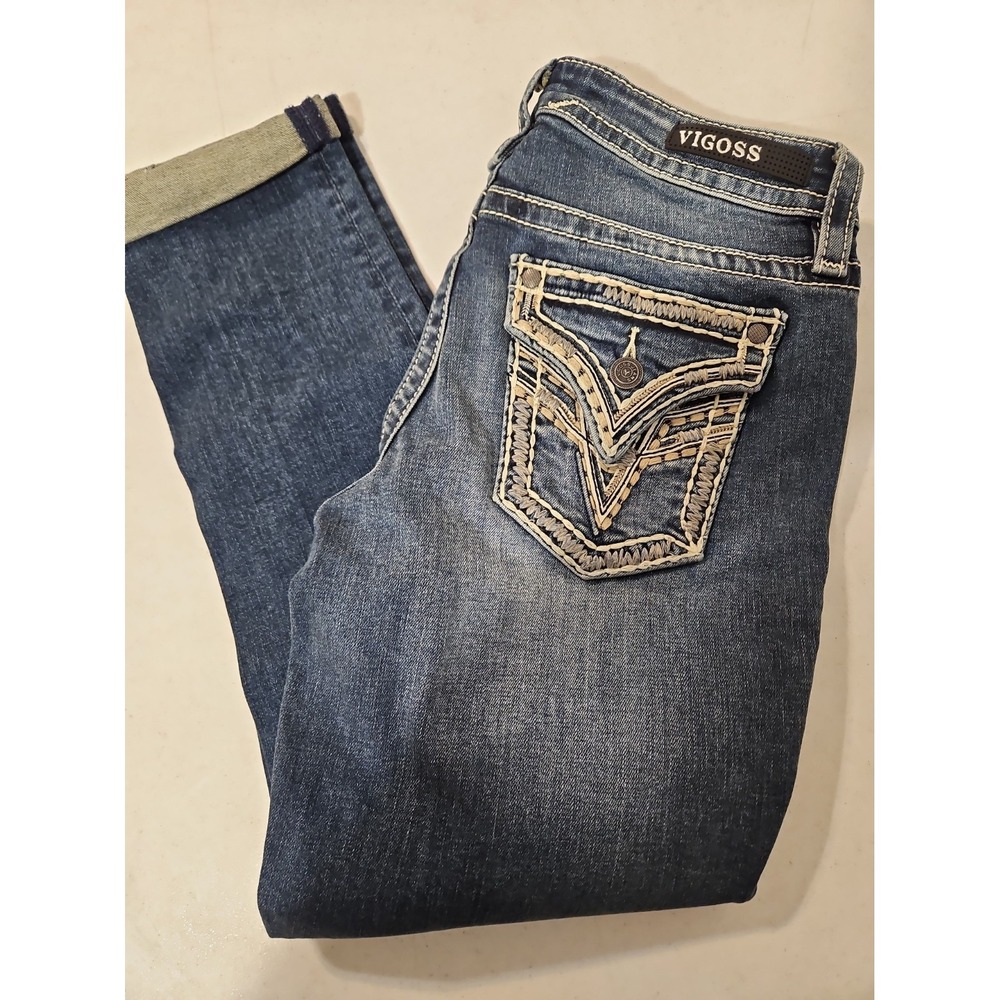 Vigoss Capri Jeans Womens Size 2 W29XL25 Heritage Fit Blue Denim Embroidered(193